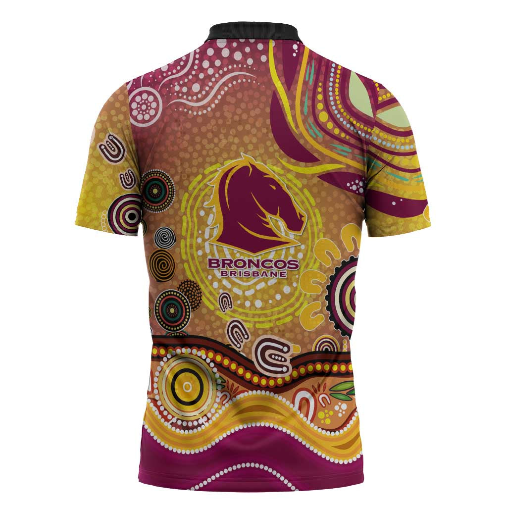 Brisbane Broncos Rugby Zipper Polo Shirt Australian Aboriginal Dot Painting Style