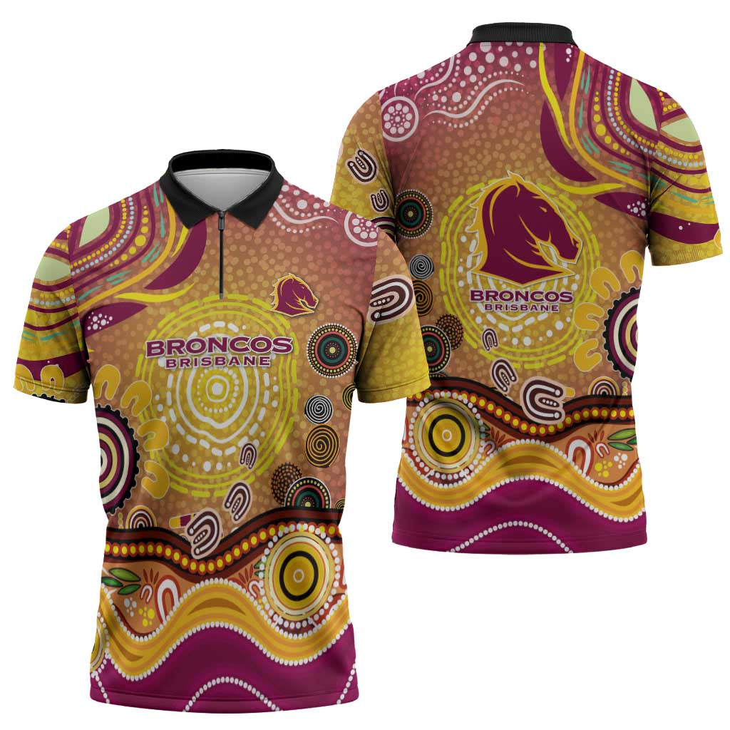 Brisbane Broncos Rugby Zipper Polo Shirt Australian Aboriginal Dot Painting Style