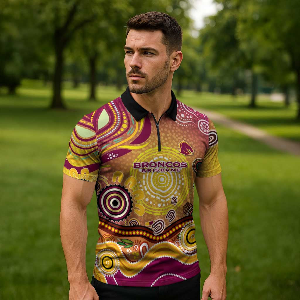 Brisbane Broncos Rugby Zipper Polo Shirt Australian Aboriginal Dot Painting Style