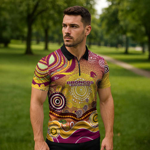 Brisbane Broncos Rugby Zipper Polo Shirt Australian Aboriginal Dot Painting Style
