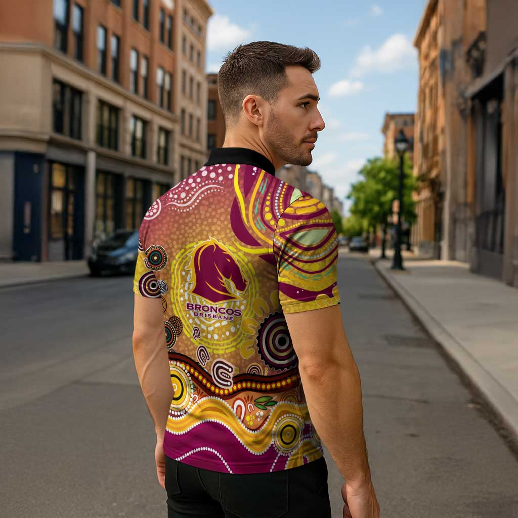 Brisbane Broncos Rugby Zipper Polo Shirt Australian Aboriginal Dot Painting Style