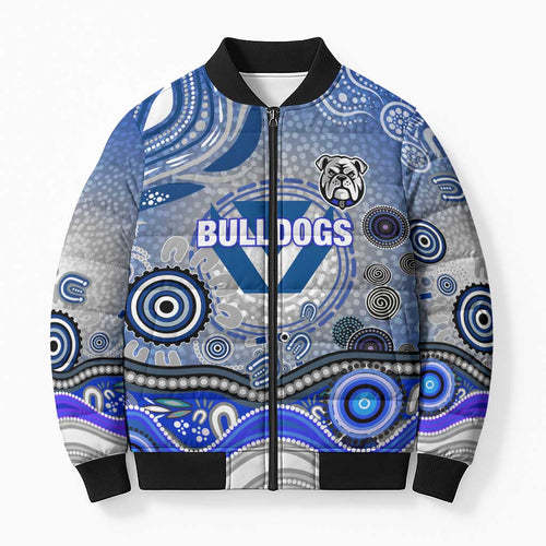 Canterbury Bankstown Bulldogs Rugby Bomber Puffer Jacket Australian Aboriginal Dot Painting Style