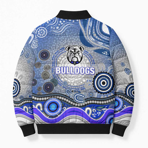 Canterbury Bankstown Bulldogs Rugby Bomber Puffer Jacket Australian Aboriginal Dot Painting Style