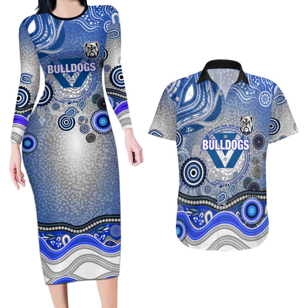 Canterbury Bankstown Bulldogs Rugby Couples Matching Long Sleeve Bodycon Dress and Hawaiian Shirt Australian Aboriginal Dot Painting Style