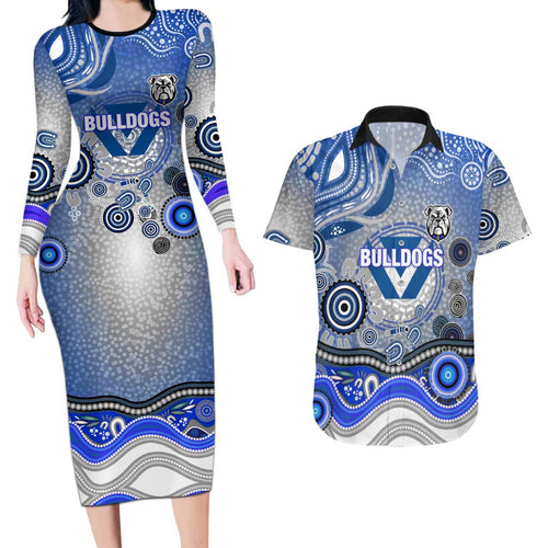 Canterbury Bankstown Bulldogs Rugby Couples Matching Long Sleeve Bodycon Dress and Hawaiian Shirt Australian Aboriginal Dot Painting Style