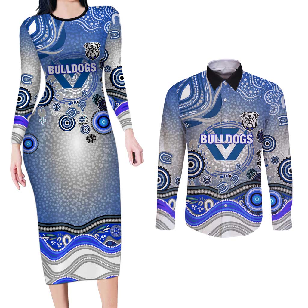 Canterbury Bankstown Bulldogs Rugby Couples Matching Long Sleeve Bodycon Dress and Long Sleeve Button Shirt Australian Aboriginal Dot Painting Style