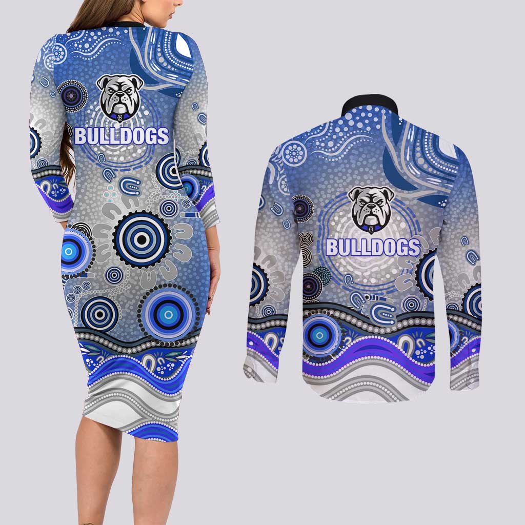 Canterbury Bankstown Bulldogs Rugby Couples Matching Long Sleeve Bodycon Dress and Long Sleeve Button Shirt Australian Aboriginal Dot Painting Style