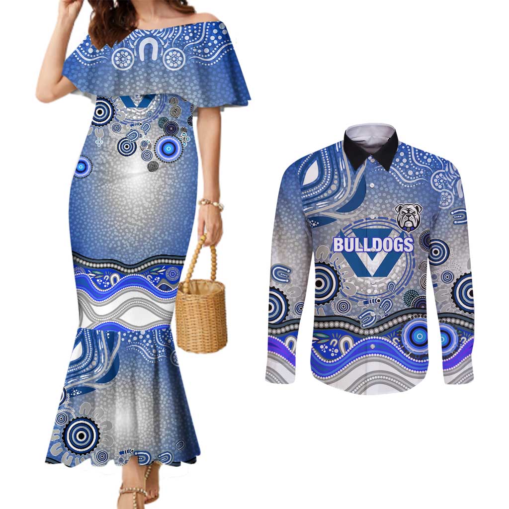 Canterbury Bankstown Bulldogs Rugby Couples Matching Mermaid Dress and Long Sleeve Button Shirt Australian Aboriginal Dot Painting Style