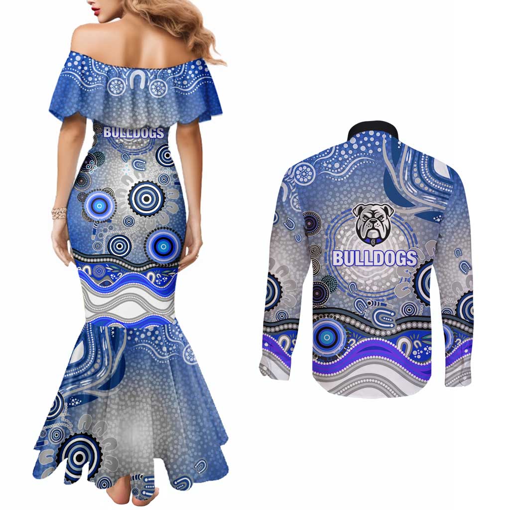 Canterbury Bankstown Bulldogs Rugby Couples Matching Mermaid Dress and Long Sleeve Button Shirt Australian Aboriginal Dot Painting Style