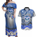 Canterbury Bankstown Bulldogs Rugby Couples Matching Off Shoulder Maxi Dress and Hawaiian Shirt Australian Aboriginal Dot Painting Style