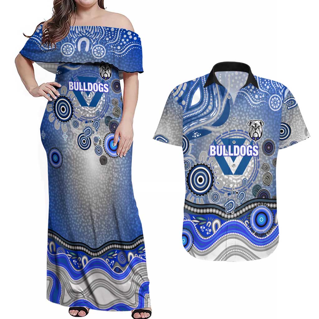Canterbury Bankstown Bulldogs Rugby Couples Matching Off Shoulder Maxi Dress and Hawaiian Shirt Australian Aboriginal Dot Painting Style
