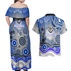 Canterbury Bankstown Bulldogs Rugby Couples Matching Off Shoulder Maxi Dress and Hawaiian Shirt Australian Aboriginal Dot Painting Style