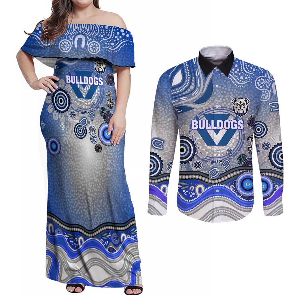 Canterbury Bankstown Bulldogs Rugby Couples Matching Off Shoulder Maxi Dress and Long Sleeve Button Shirt Australian Aboriginal Dot Painting Style