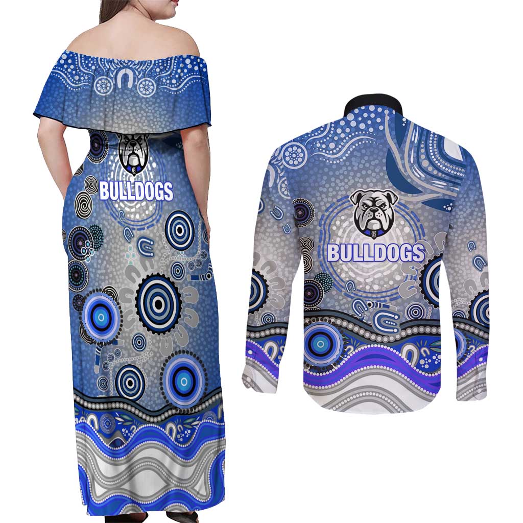 Canterbury Bankstown Bulldogs Rugby Couples Matching Off Shoulder Maxi Dress and Long Sleeve Button Shirt Australian Aboriginal Dot Painting Style