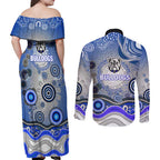 Canterbury Bankstown Bulldogs Rugby Couples Matching Off Shoulder Maxi Dress and Long Sleeve Button Shirt Australian Aboriginal Dot Painting Style
