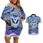 Canterbury Bankstown Bulldogs Rugby Couples Matching Off Shoulder Short Dress and Hawaiian Shirt Australian Aboriginal Dot Painting Style