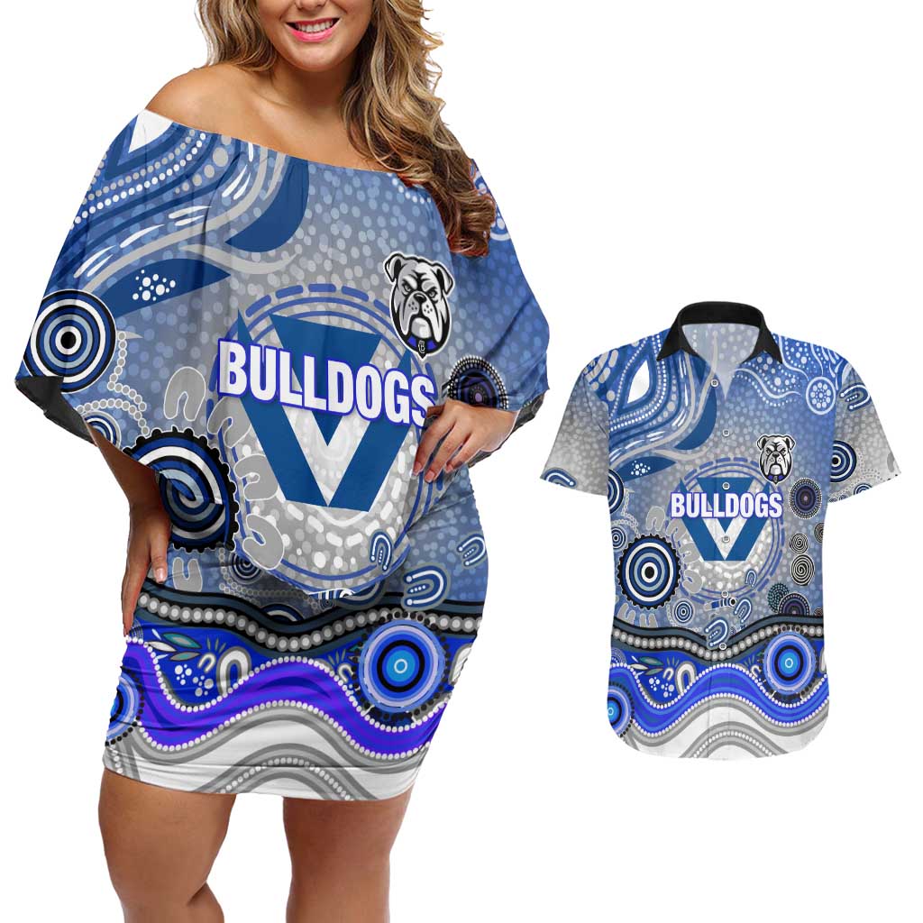 Canterbury Bankstown Bulldogs Rugby Couples Matching Off Shoulder Short Dress and Hawaiian Shirt Australian Aboriginal Dot Painting Style