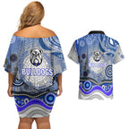 Canterbury Bankstown Bulldogs Rugby Couples Matching Off Shoulder Short Dress and Hawaiian Shirt Australian Aboriginal Dot Painting Style