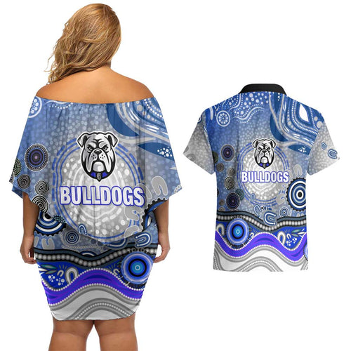 Canterbury Bankstown Bulldogs Rugby Couples Matching Off Shoulder Short Dress and Hawaiian Shirt Australian Aboriginal Dot Painting Style