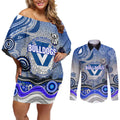 Canterbury Bankstown Bulldogs Rugby Couples Matching Off Shoulder Short Dress and Long Sleeve Button Shirt Australian Aboriginal Dot Painting Style