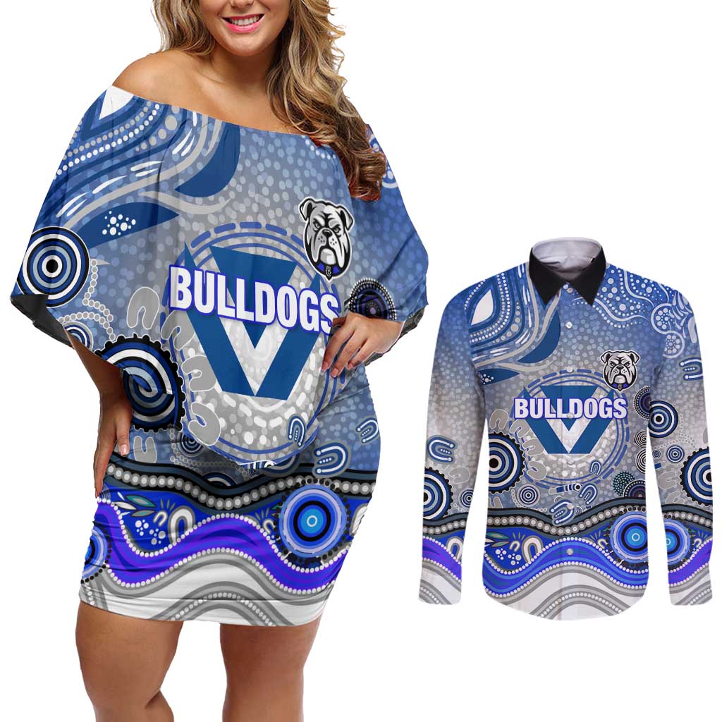 Canterbury Bankstown Bulldogs Rugby Couples Matching Off Shoulder Short Dress and Long Sleeve Button Shirt Australian Aboriginal Dot Painting Style