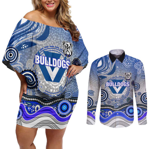 Canterbury Bankstown Bulldogs Rugby Couples Matching Off Shoulder Short Dress and Long Sleeve Button Shirt Australian Aboriginal Dot Painting Style