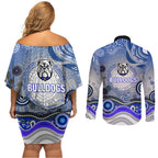 Canterbury Bankstown Bulldogs Rugby Couples Matching Off Shoulder Short Dress and Long Sleeve Button Shirt Australian Aboriginal Dot Painting Style