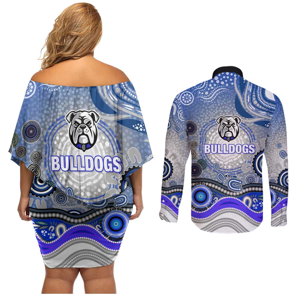 Canterbury Bankstown Bulldogs Rugby Couples Matching Off Shoulder Short Dress and Long Sleeve Button Shirt Australian Aboriginal Dot Painting Style