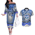 Canterbury Bankstown Bulldogs Rugby Couples Matching Off The Shoulder Long Sleeve Dress and Hawaiian Shirt Australian Aboriginal Dot Painting Style