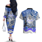 Canterbury Bankstown Bulldogs Rugby Couples Matching Off The Shoulder Long Sleeve Dress and Hawaiian Shirt Australian Aboriginal Dot Painting Style