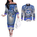 Canterbury Bankstown Bulldogs Rugby Couples Matching Off The Shoulder Long Sleeve Dress and Long Sleeve Button Shirt Australian Aboriginal Dot Painting Style