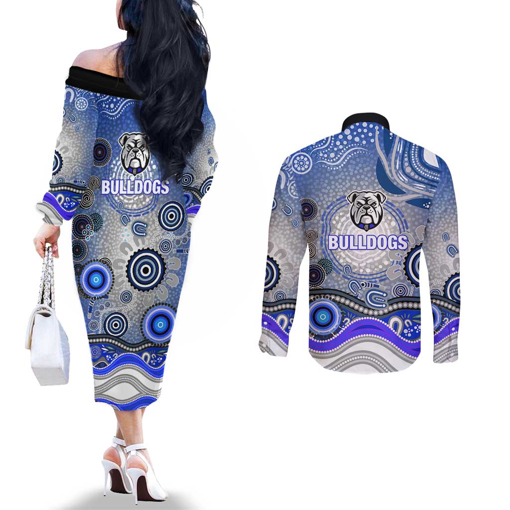 Canterbury Bankstown Bulldogs Rugby Couples Matching Off The Shoulder Long Sleeve Dress and Long Sleeve Button Shirt Australian Aboriginal Dot Painting Style