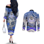 Canterbury Bankstown Bulldogs Rugby Couples Matching Off The Shoulder Long Sleeve Dress and Long Sleeve Button Shirt Australian Aboriginal Dot Painting Style