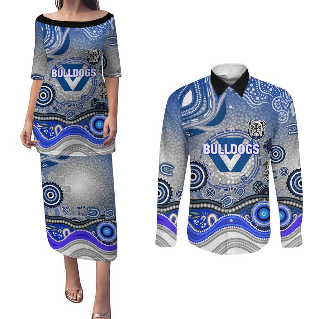 Canterbury Bankstown Bulldogs Rugby Couples Matching Puletasi and Long Sleeve Button Shirt Australian Aboriginal Dot Painting Style