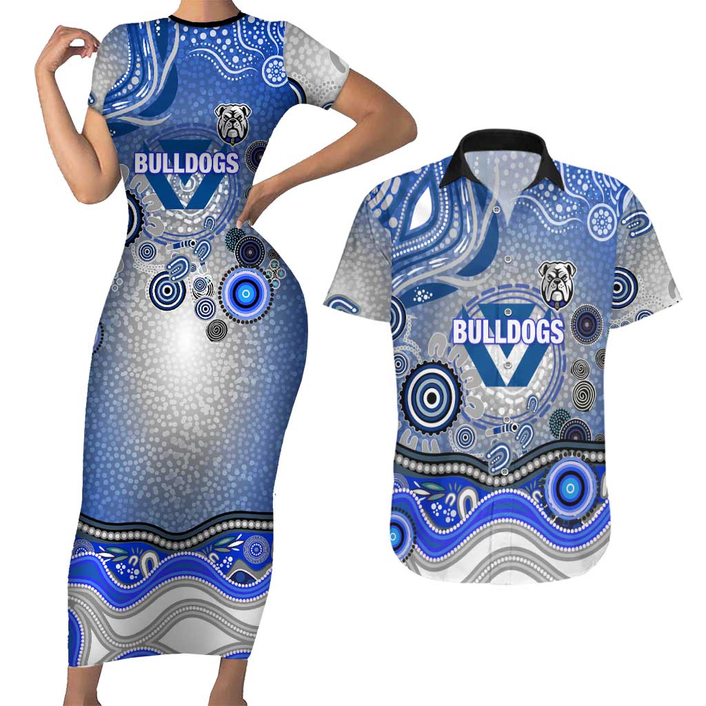 Canterbury Bankstown Bulldogs Rugby Couples Matching Short Sleeve Bodycon Dress and Hawaiian Shirt Australian Aboriginal Dot Painting Style