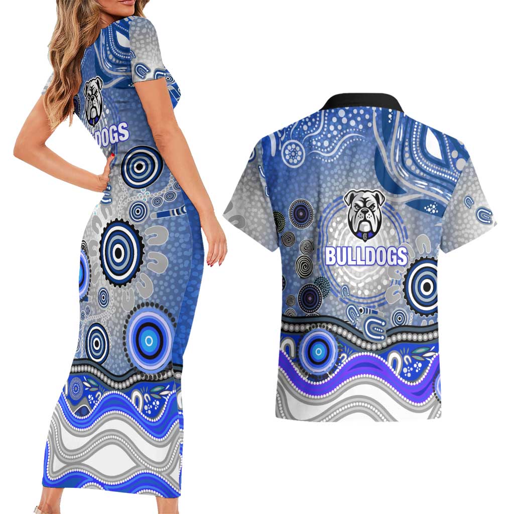 Canterbury Bankstown Bulldogs Rugby Couples Matching Short Sleeve Bodycon Dress and Hawaiian Shirt Australian Aboriginal Dot Painting Style