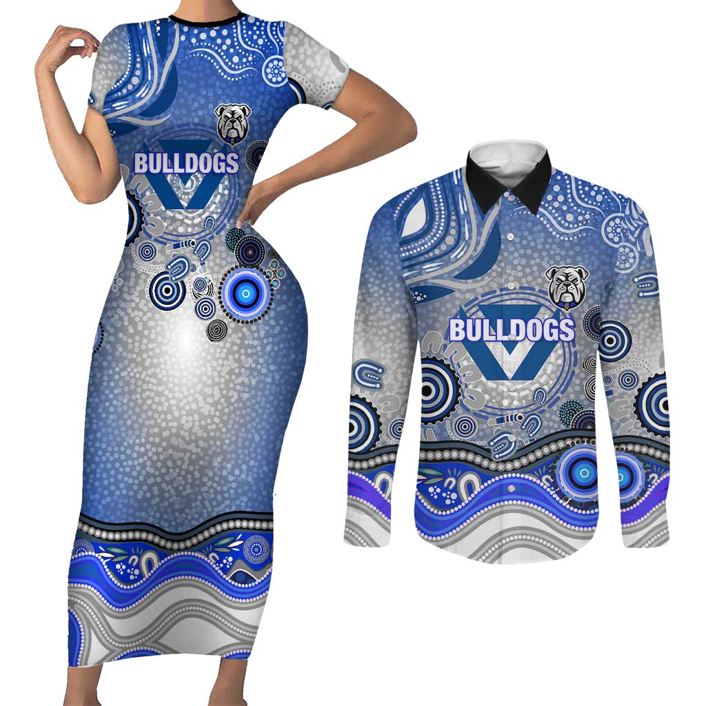 Canterbury Bankstown Bulldogs Rugby Couples Matching Short Sleeve Bodycon Dress and Long Sleeve Button Shirt Australian Aboriginal Dot Painting Style