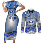 Canterbury Bankstown Bulldogs Rugby Couples Matching Short Sleeve Bodycon Dress and Long Sleeve Button Shirt Australian Aboriginal Dot Painting Style