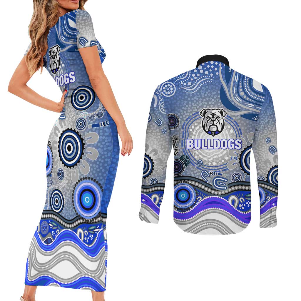 Canterbury Bankstown Bulldogs Rugby Couples Matching Short Sleeve Bodycon Dress and Long Sleeve Button Shirt Australian Aboriginal Dot Painting Style