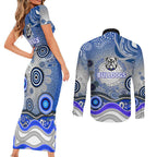 Canterbury Bankstown Bulldogs Rugby Couples Matching Short Sleeve Bodycon Dress and Long Sleeve Button Shirt Australian Aboriginal Dot Painting Style