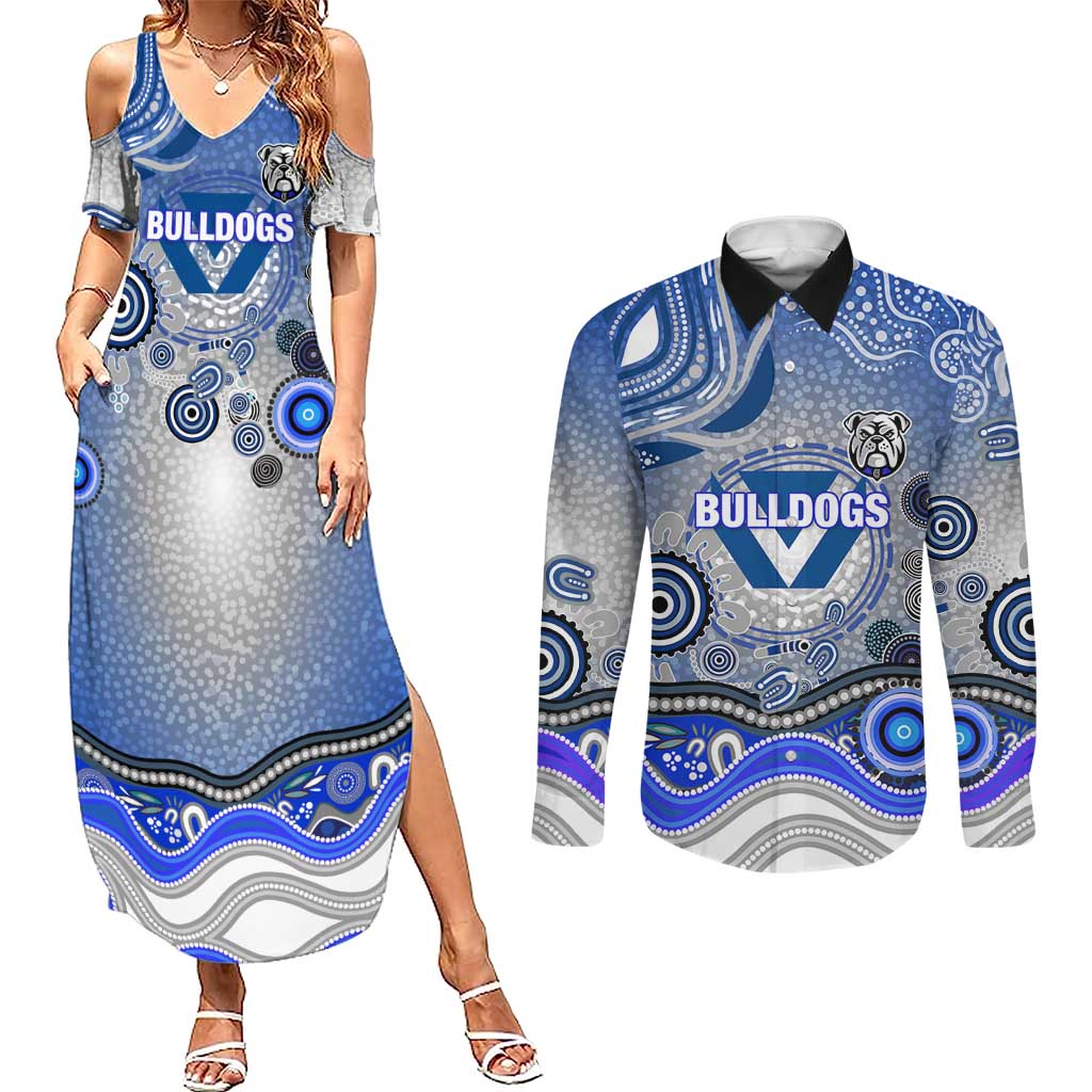 Canterbury Bankstown Bulldogs Rugby Couples Matching Summer Maxi Dress and Long Sleeve Button Shirt Australian Aboriginal Dot Painting Style