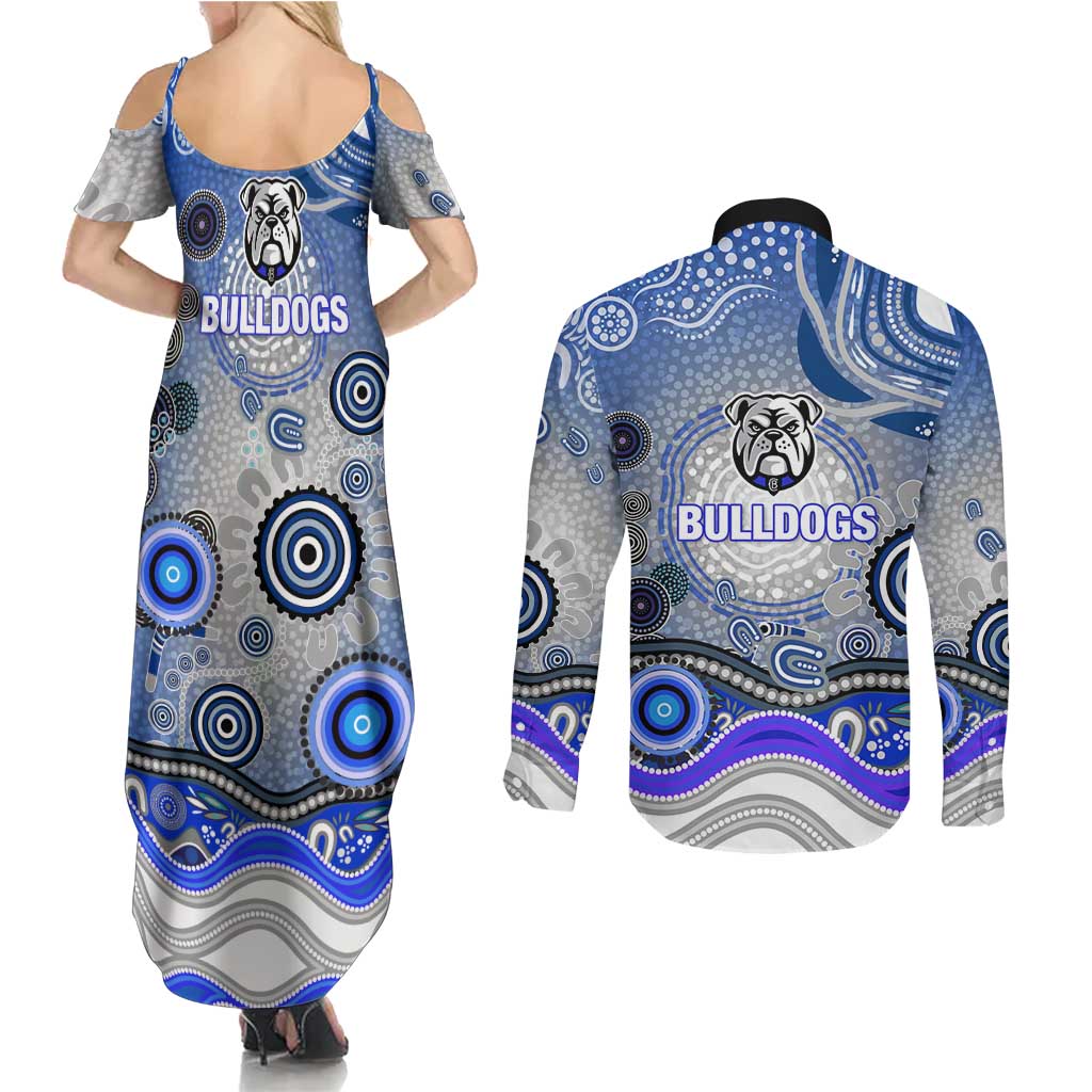 Canterbury Bankstown Bulldogs Rugby Couples Matching Summer Maxi Dress and Long Sleeve Button Shirt Australian Aboriginal Dot Painting Style