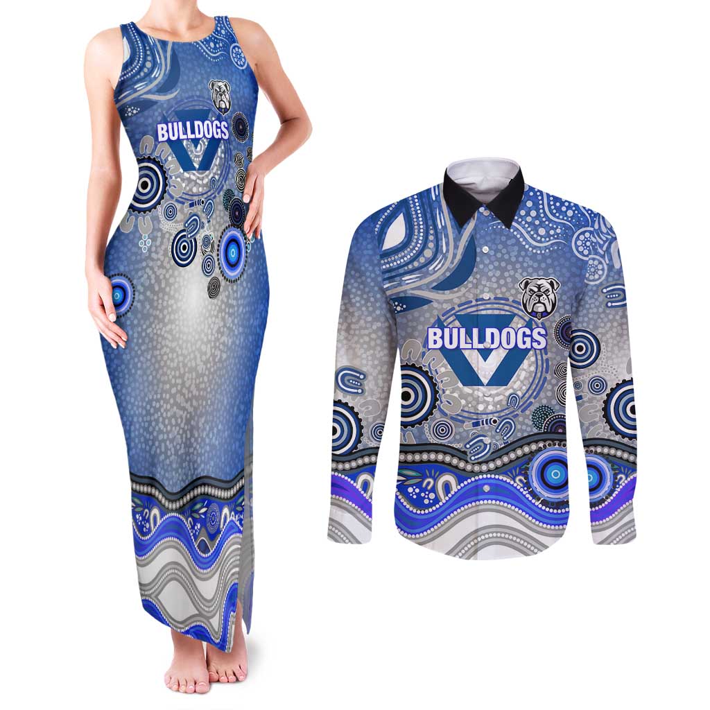 Canterbury Bankstown Bulldogs Rugby Couples Matching Tank Maxi Dress and Long Sleeve Button Shirt Australian Aboriginal Dot Painting Style