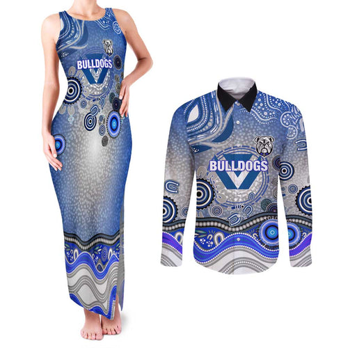Canterbury Bankstown Bulldogs Rugby Couples Matching Tank Maxi Dress and Long Sleeve Button Shirt Australian Aboriginal Dot Painting Style