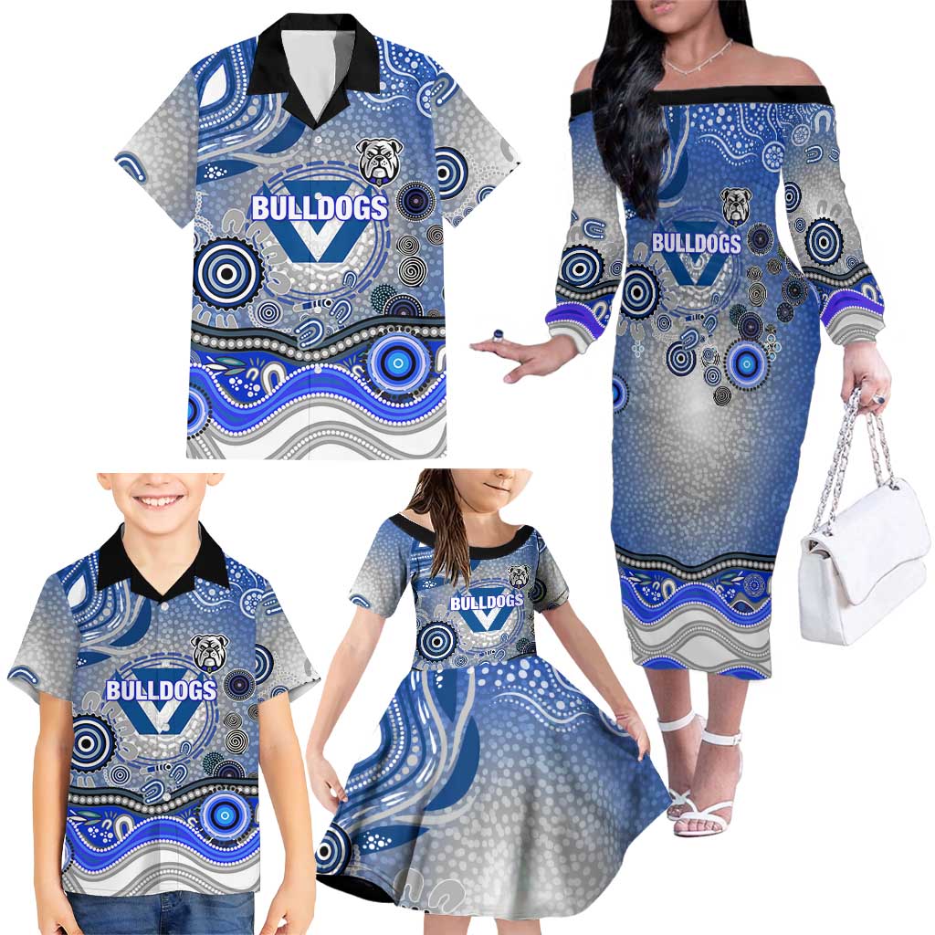 Canterbury Bankstown Bulldogs Rugby Family Matching Off The Shoulder Long Sleeve Dress and Hawaiian Shirt Australian Aboriginal Dot Painting Style