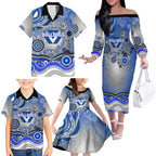 Canterbury Bankstown Bulldogs Rugby Family Matching Off The Shoulder Long Sleeve Dress and Hawaiian Shirt Australian Aboriginal Dot Painting Style