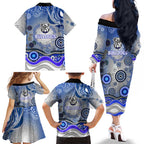 Canterbury Bankstown Bulldogs Rugby Family Matching Off The Shoulder Long Sleeve Dress and Hawaiian Shirt Australian Aboriginal Dot Painting Style