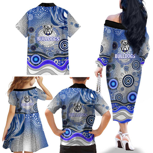Canterbury Bankstown Bulldogs Rugby Family Matching Off The Shoulder Long Sleeve Dress and Hawaiian Shirt Australian Aboriginal Dot Painting Style