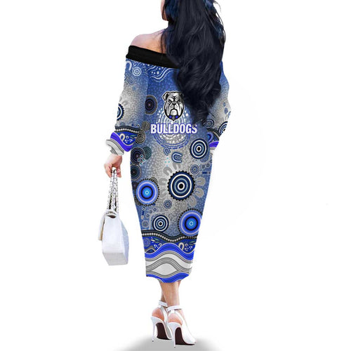 Canterbury Bankstown Bulldogs Rugby Family Matching Off The Shoulder Long Sleeve Dress and Hawaiian Shirt Australian Aboriginal Dot Painting Style