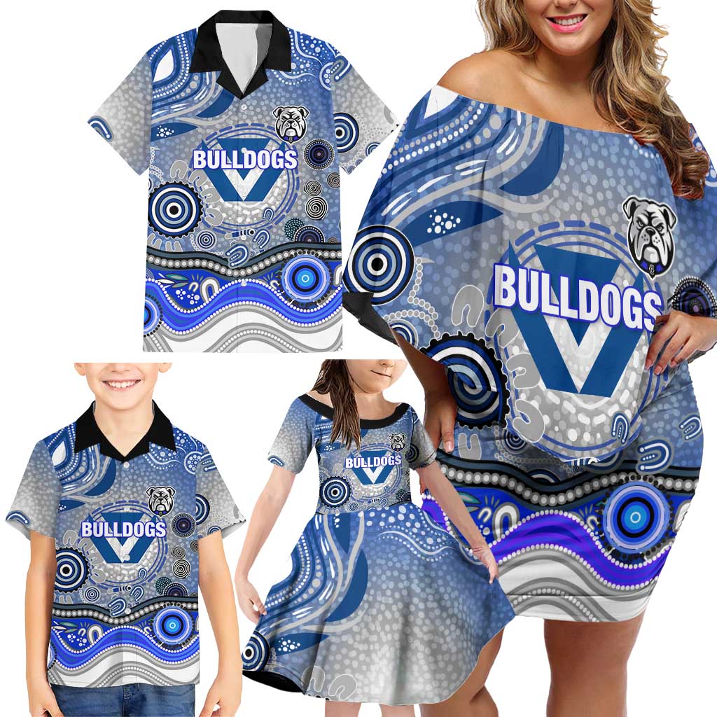 Canterbury Bankstown Bulldogs Rugby Family Matching Off Shoulder Short Dress and Hawaiian Shirt Australian Aboriginal Dot Painting Style